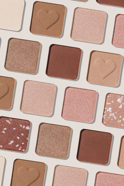 istock Eye shadows beige color swatches, creative cosmetic texture background, different shiny and matte eyeshadow, trend geometric pattern, aesthetic beauty template, neutral color powder for makeup 2120234794