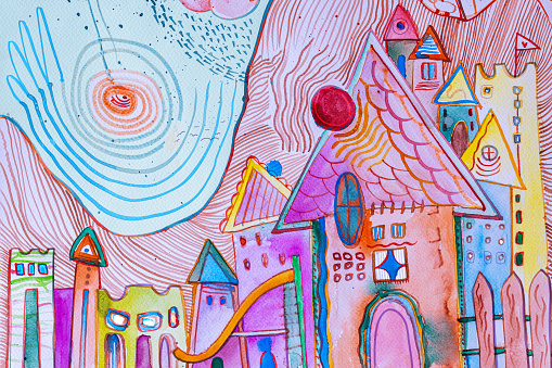 Psychedelic town in vivid colors