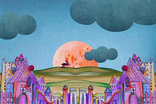 Illustrated town with a full moon rising in the horizon