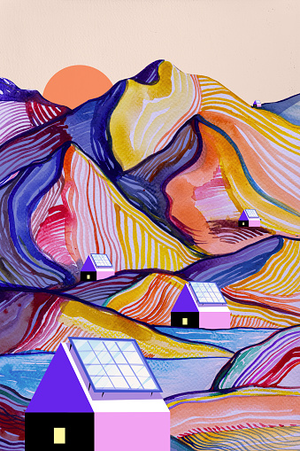 Abstract town with houses that have solar panels on rooftops