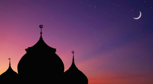 istock Silhouette mosque domes and crescent moon with stars on colorful dark twilight sky background in Iftar period during Ramadan holy month, illustration 2120240081