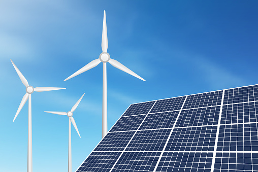 Renewable energy - wind turbines and solar panel