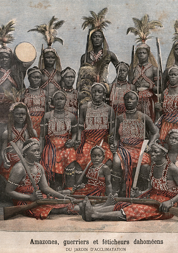 Vintage illustration, African Kingdom of Dahomey, Amazons, Dahomean warriors and witch doctors, 19th Century. The Kingdom of Dahomey was a West African kingdom located within present-day Benin