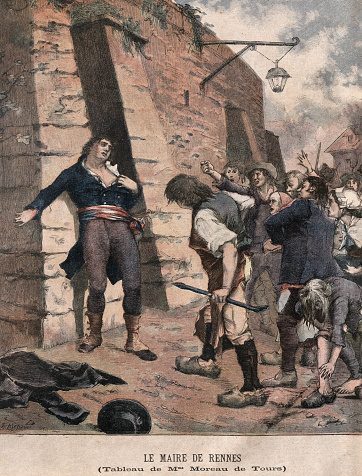 Vintage illustration, An angry mob attacking Jean Leperdit, Mayor of Rennes during the French Revolutionary Reign of Terror. after painting by Madame Moreau de Tours