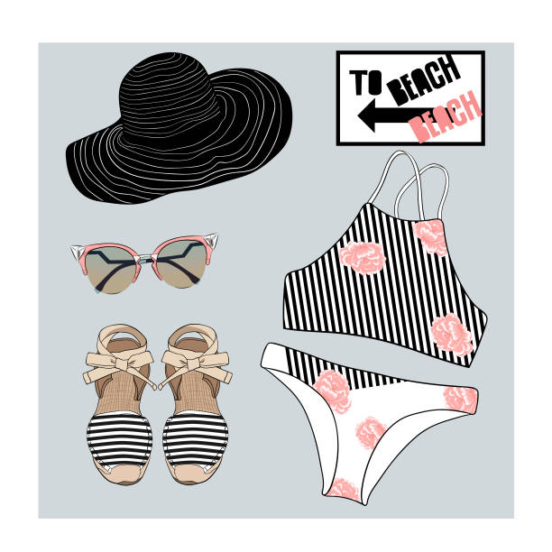 ilustraciones, imágenes clip art, dibujos animados e iconos de stock de bikini vector set illustration - fashion palette