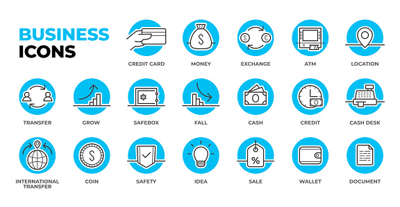 Set of circle vector icons: credit card, exchange, ATM, cash, wallet and sale, money transfer and cashdesk. Lineart minimal design.