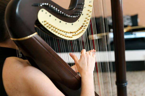 istock Middle aged harpist playing a traditional harp 2120307872