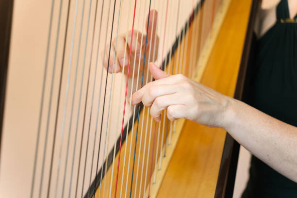 istock Middle aged harpist playing a traditional harp 2120308385