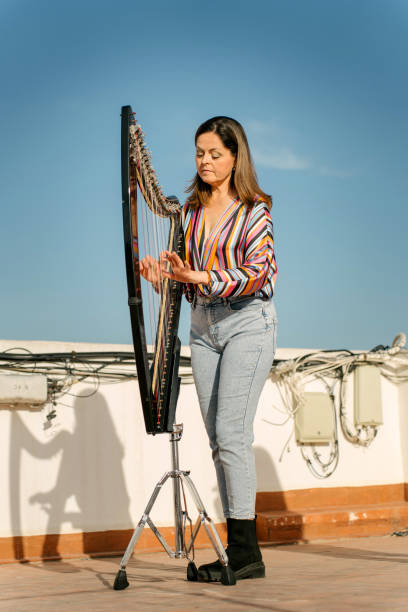 istock Professional harpist playing an electronic harp on the rooftop 2120309483