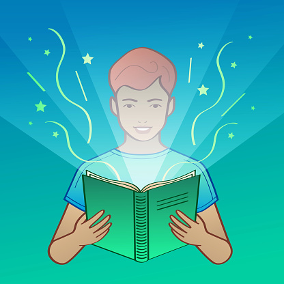 Young boy loving reading book. Amazing stories. Magic book. Bright light and icons coming out of the book. Cute boy opening the magic book. Fantasy concept. Fairy tale with light effect. Vector illustration.