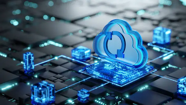 Photo of Cloud storage concept and cloud computing concept. Digital technology background with Cloud 3D icon