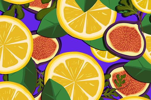 Illustrated lemon, figs and leaves on purple background