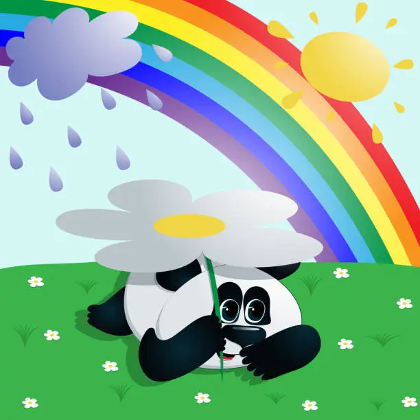 Vector illustration of Vector Panda bear cub hiding from the rain and the bright sun under a large white flower on the background of a green meadow with white flowers, a rainbow and a blue sky