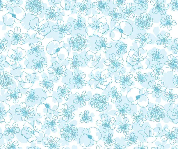 Vector illustration of Light Blue Outline Floral Pattern on White Background