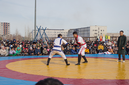 Uralsk (Oral), Qazaqstan, 22.03.2024 - Nauryz holiday in Kazakhstan. Sports competitions in wrestling at the Nauryz holiday.