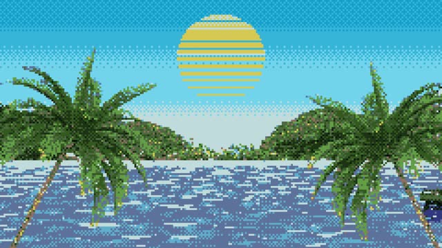 Pixel tropical background in 4K. 8-bit retro background. Mosaic animation of tropical island panorama