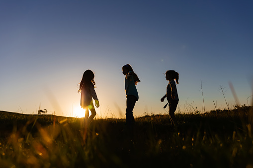 Silhouette of three siblings at sunset in a field