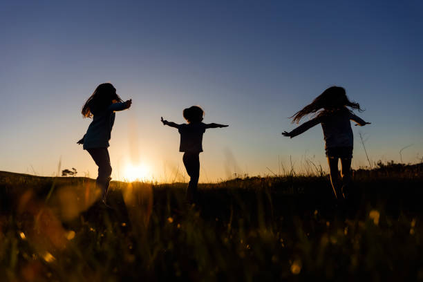 istock Silhouette of three siblings at sunset in a field 2120477987
