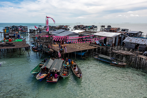 Semporna, Malaysia - November 19, 2021: Drone point of view of Omadal Island