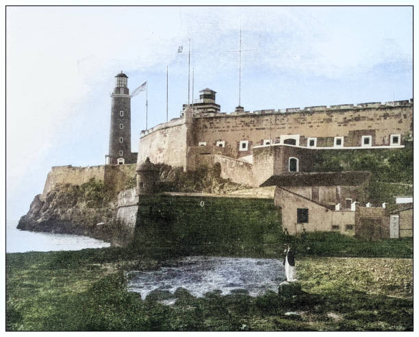 Antique black and white photograph of people from islands in the Caribbean and in the Pacific Ocean; Cuba, Hawaii, Philippines and others: Morro Castle, Havana, Cuba