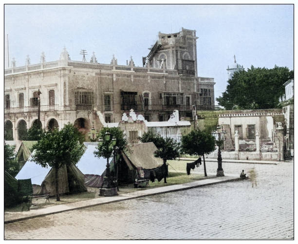 ilustraciones, imágenes clip art, dibujos animados e iconos de stock de antique black and white photograph: governor-general palace, havana, cuba - general archive of indies