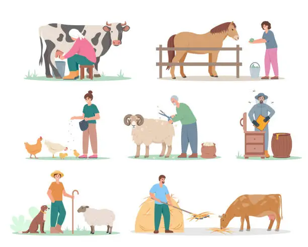 Vector illustration of Set of farming people characters. Farmers workers, shepherd, beekeeper, milkmaid caring for livestock animals. Agricultural scenes.