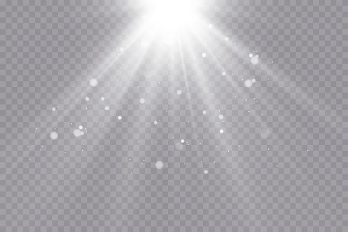 Bright white lighting with spotlights, projector light effects with spot light isolated on transparent background with bokeh and flare effect.