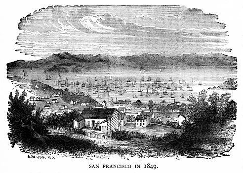 1849 San Francisco, California, USA.  Illustration published 1895. Copyright expired; artwork is in Public Domain.