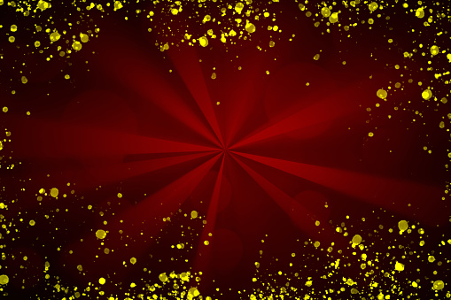 Abstract red light beams background with bokeh and glowing particles.