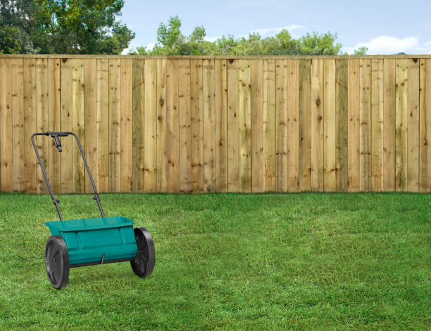 istock Seed spreader in a backyard with green grass and wood fence 2120567424