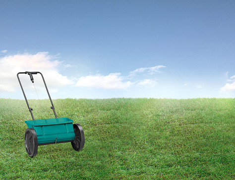 seed spreader in a backyard with green grass and wood fence