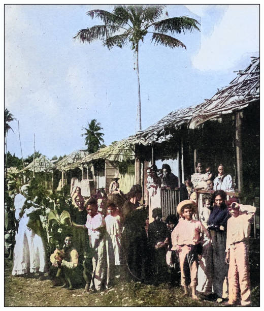 Antique black and white photograph of people from islands in the Caribbean and in the Pacific Ocean; Cuba, Hawaii, Philippines and others: Puerto Rico people