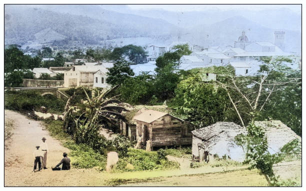 Antique black and white photograph of people from islands in the Caribbean and in the Pacific Ocean; Cuba, Hawaii, Philippines and others: Bayamon, Puerto Rico