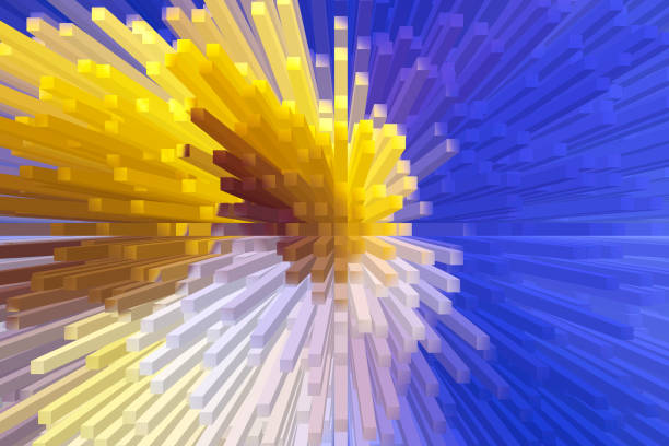 Blue and yellow abstract colored extrusion blocks and pyramids rushing in different directions. Growth, business, technology. Background