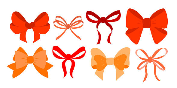 Hand Drawn Ribbon Bow. Pink and red hair clip for a girl. A set of simple elements. Vector stock illustration.