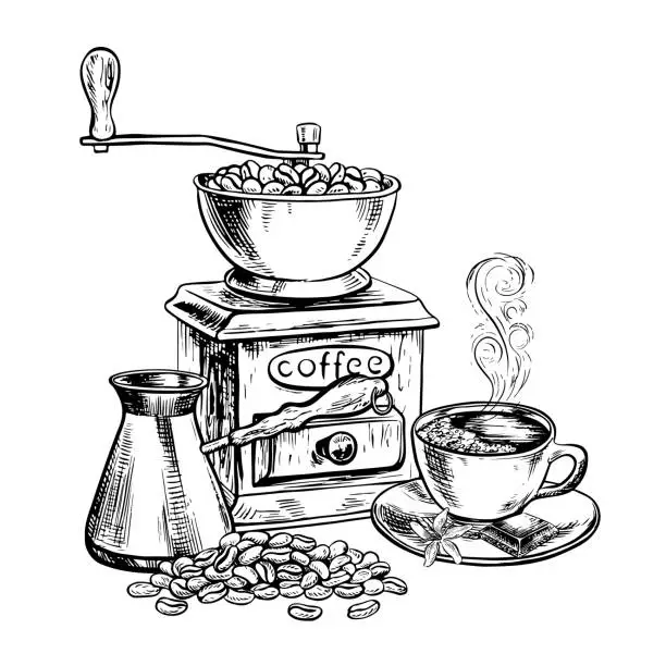 Vector illustration of A cabinet with a coffee grinder, a coffee maker and a cup of coffee. Vector graphic black and white hand-drawn illustration. For printing, menus, postcards and packages. For banners, flyers and poster
