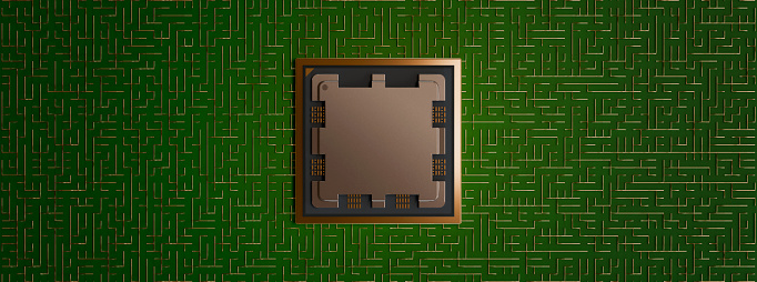 AMD Ryzen 9 AM5 on a maze of green board circuits with copper wires orthographic superior view 3D rendering banner, poster cover design, dark grainy texture, copy space