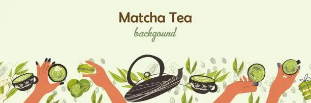 Vector illustration of Web banner template with matcha food and drink frame. Background with hands holding cups with coffee, matcha tea, teapot, leaves. Flat hand drawn vector illustration.