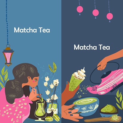 Match time. Vector doodle illustration with matcha products. Japanese tea ceremony. Template, background. Vertical banner.