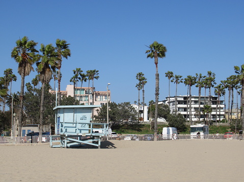 Lifeguard towers on Santa Monica beach, California, USA.