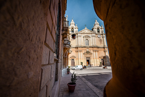 Corner View From Palazzo Gourgion To St. Paul's Cathedral In Mdina, Malta
