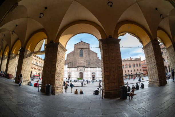 Bologna, Emilia 1Romagna, Italy: the porticoes of Bologna represent one of the most important and best preserved public spaces in all of Europe for a total length of approximately 40 km.  In the image the arcades of Piazza Maggiore.