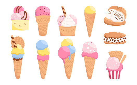 Set of hand drawn different kinds of ice cream. Bright food illustrations