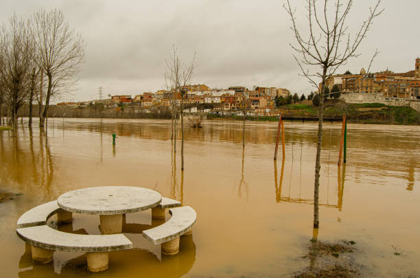 Long exposure of river Severn flooding at Carrington bridge at dusk