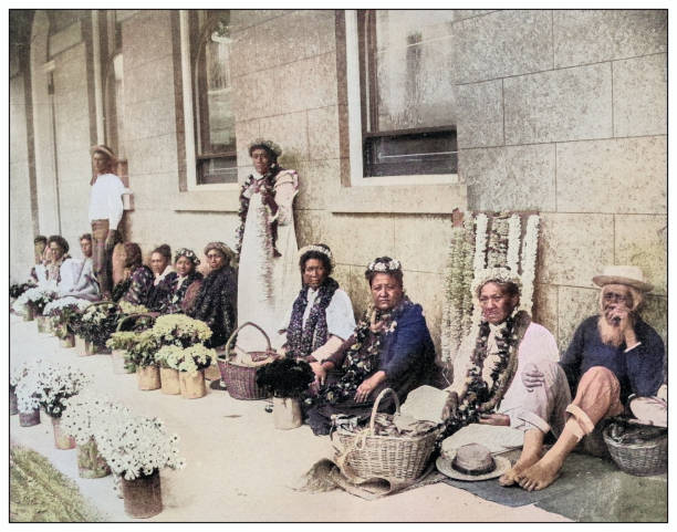 istock Antique black and white photograph: Flower women, Hawaii 2120720624