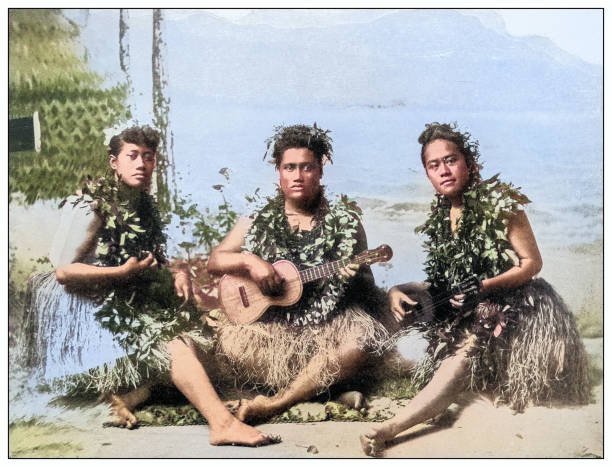 Antique black and white photograph: Hula girls, Honolulu, Hawaii Antique black and white photograph of people from islands in the Caribbean and in the Pacific Ocean; Cuba, Hawaii, Philippines and others: Hula girls, Honolulu, Hawaii victorian swimwear stock illustrations