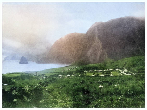 Antique black and white photograph of people from islands in the Caribbean and in the Pacific Ocean; Cuba, Hawaii, Philippines and others: Leper settlement on Molokai Island, Hawaii