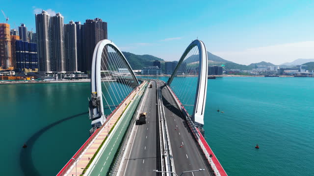 Drone view of Cross Bay Link on Tseung Kwan O, Hong Kong