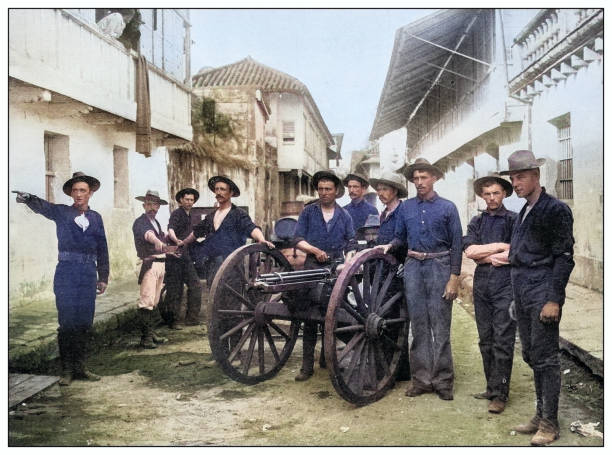 istock Antique black and white photograph: Gatling gun in Cavite, Philippines 2120738445