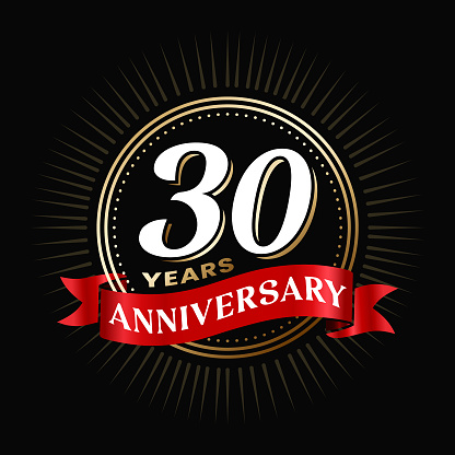 30 years anniversary logo design with red color ribbon and gold shiny circle celebration elements. 30 TH wedding anniversary poster, template. Company 30 years age success banner on black background.